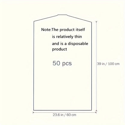 50 clear plastic garment bags for hanging storage, ideal for keeping your clothing dust-free and organized in the bedroom or home. Perfect for essential storage needs.