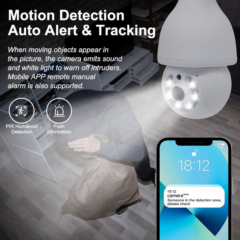 2MP WIFI wireless light bulb camera with intelligent safety features. This indoor and outdoor camera is equipped with 2.4GHz WiFi connectivity and fits in a standard E27 light bulb socket. The PTZ function allows for full 360 degree rotation, making it