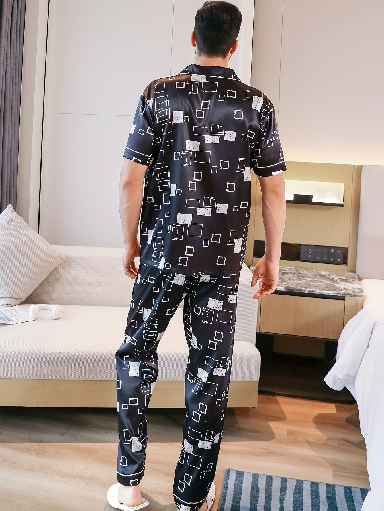 Men's summer sleepwear set with short sleeves, shorts, long pants, geometric print, and collared cardigan.