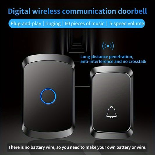 Wireless doorbell with 1 receiver, operating range up to 304.8 meters, 60 melodies, 5 volume levels (0-110 dB) EU plug.