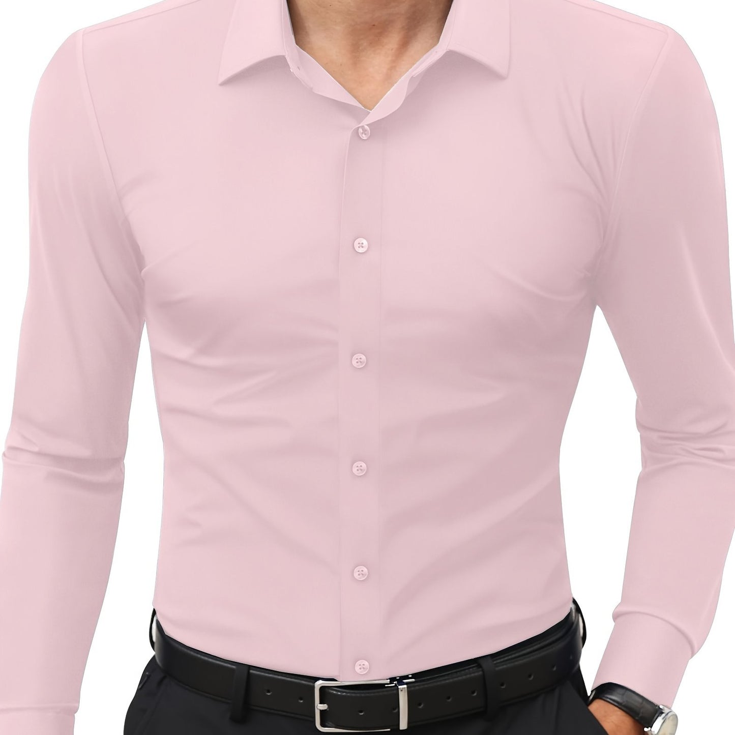 Slim fit long sleeve shirt for men made of 55% cotton, 40% polyester, and 5% spandex. Solid color with lapel collar, button-up closure, and all-season wear. Casual weekend wear, woven