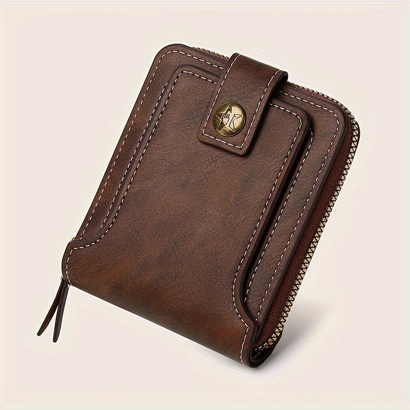 Men's small PU zipper bag with button decoration, credit card holder, and bifold design.