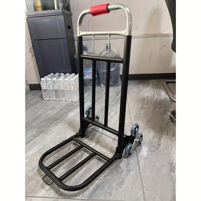 Durable folding hand truck with wheels designed for climbing stairs, easy to lift and carry, ideal for moving and shopping.