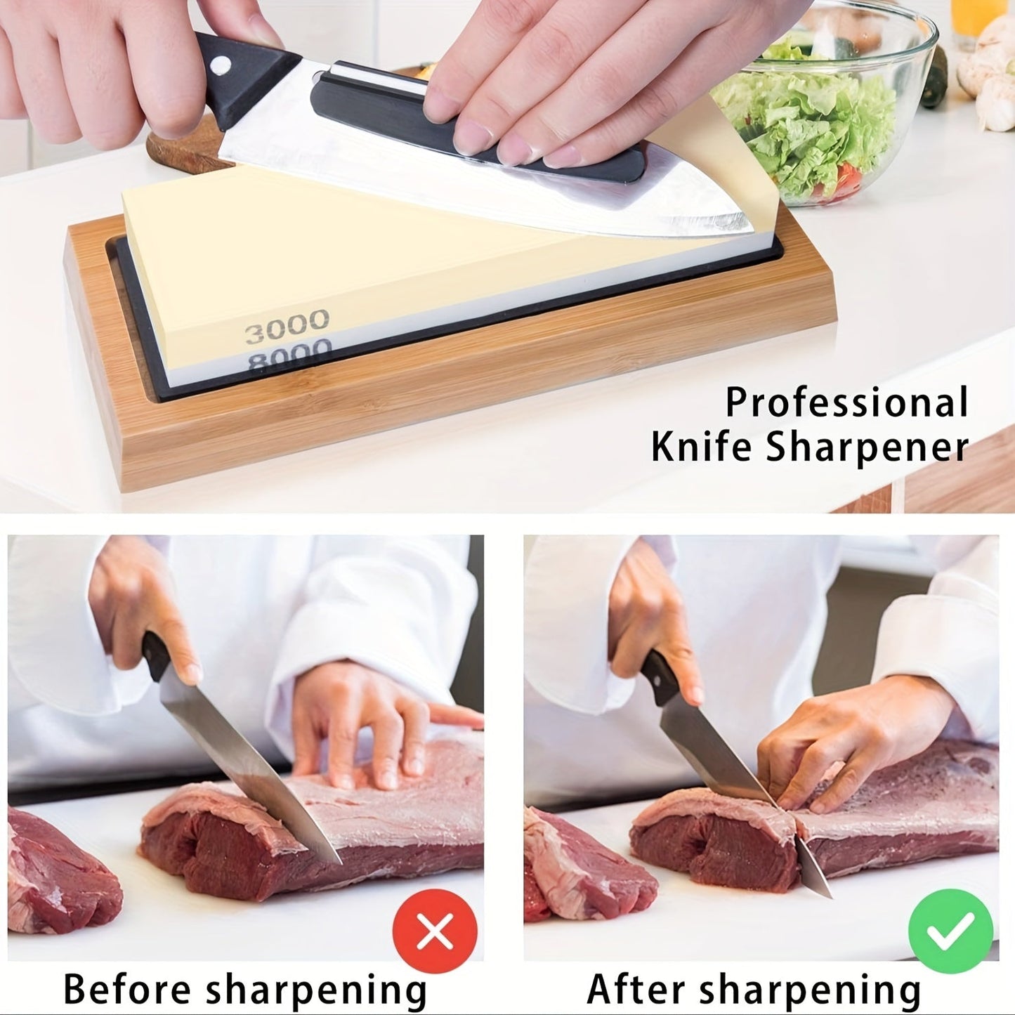 Knife sharpening kit includes 8 pieces, complete with a whetstone, bamboo holder, angle guide, and faux leather strop. Ideal for use in the kitchen and dining room.