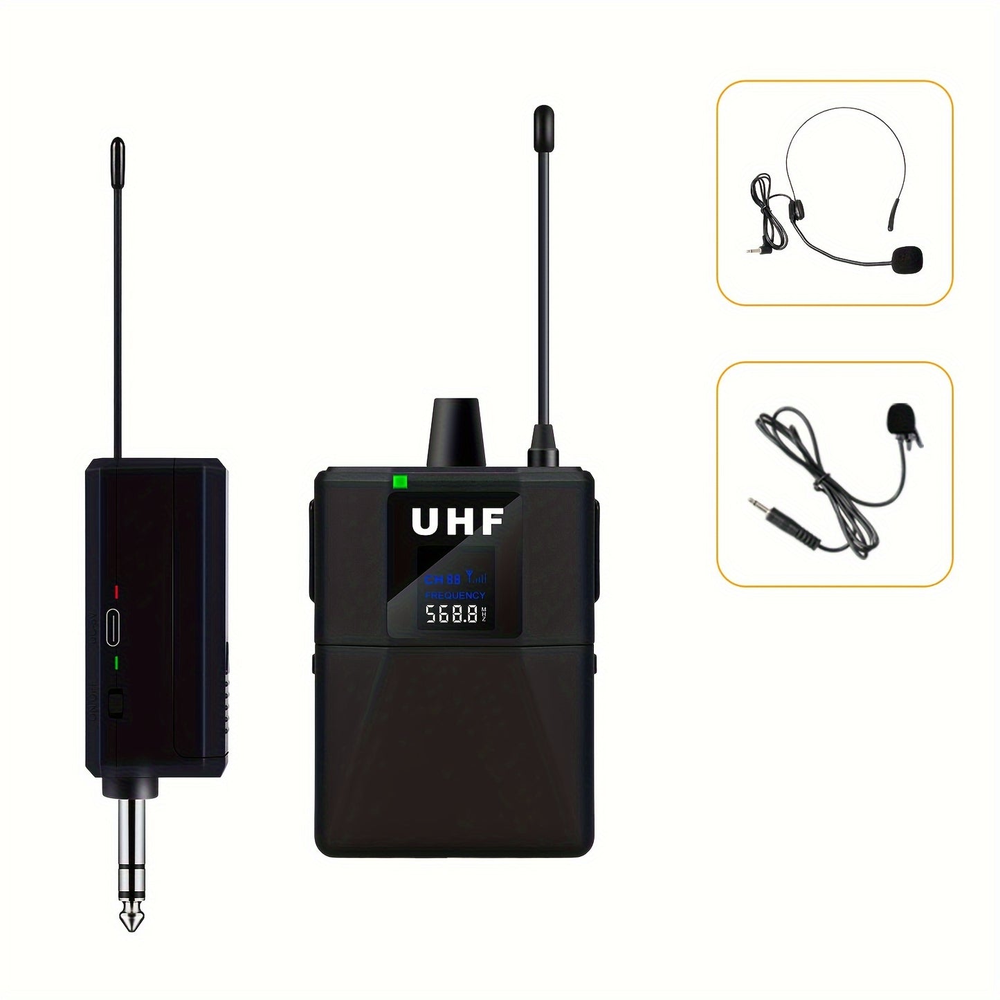 Wireless dual-channel lavalier microphone for SLR cameras, live interviews, phone recording, and headworn headset.