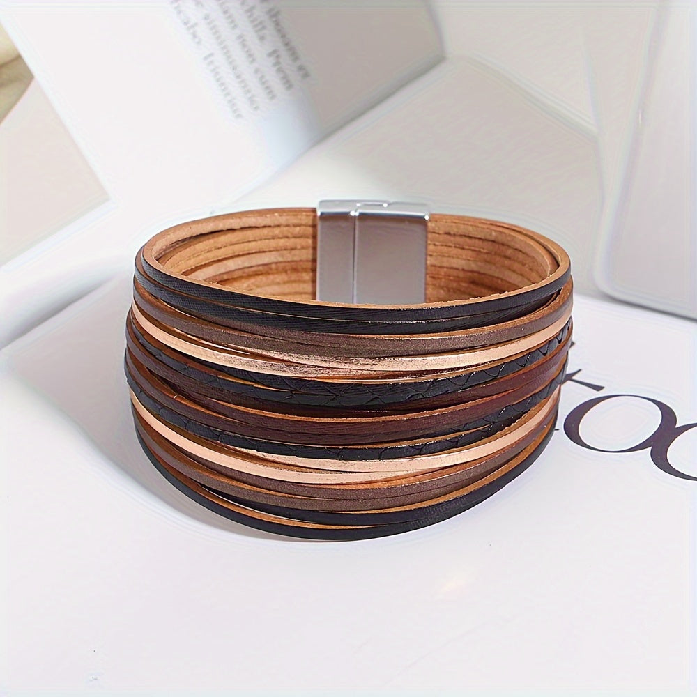 Vintage style Bohemian multi-layer PU leather wrap bracelet in brown and black strands, designed for friendship couples. Features an adjustable clasp for the perfect fit.