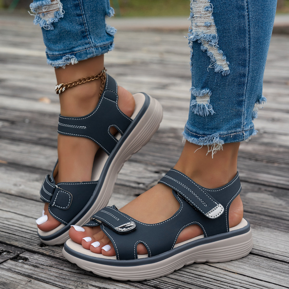 Women's black wedge sandals- breathable PU upper, open toe, ankle strap, hook-and-loop closure, solid color platform heel for beach wear.