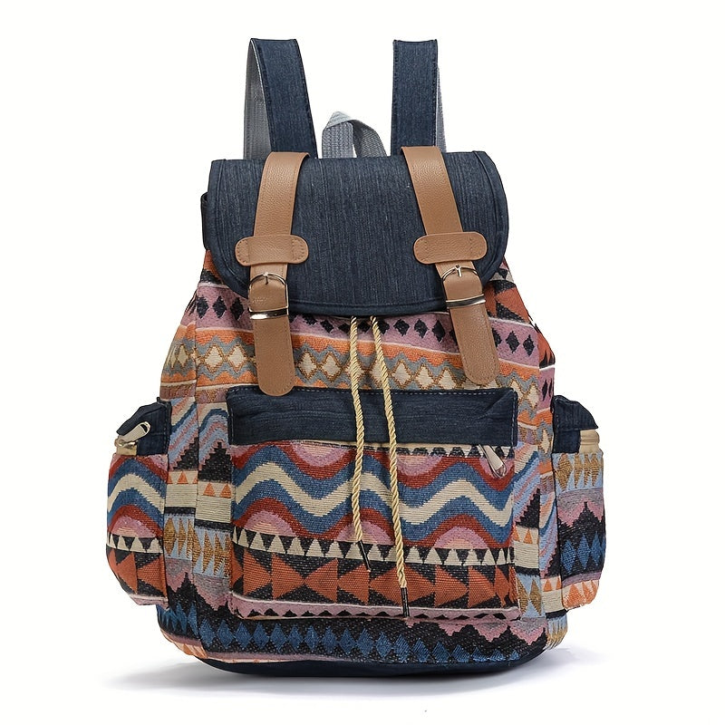 Boho Chic Women's Denim Backpack with Geometric Tribal Pattern, Adjustable Straps, Large Capacity, Multiple Compartments, Zippered Pockets, Blue & Brown Design.