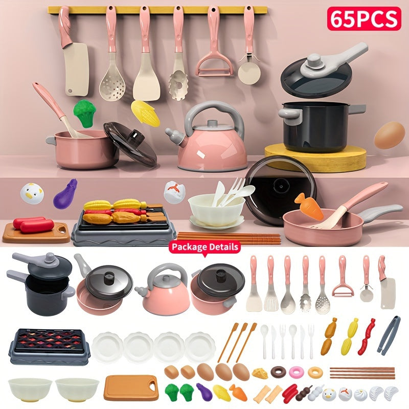 Children's play kitchen set with educational pretend cooking toy, food, fruits, and vegetables, includes tableware and accessories for ages 3-6, perfect for winter.