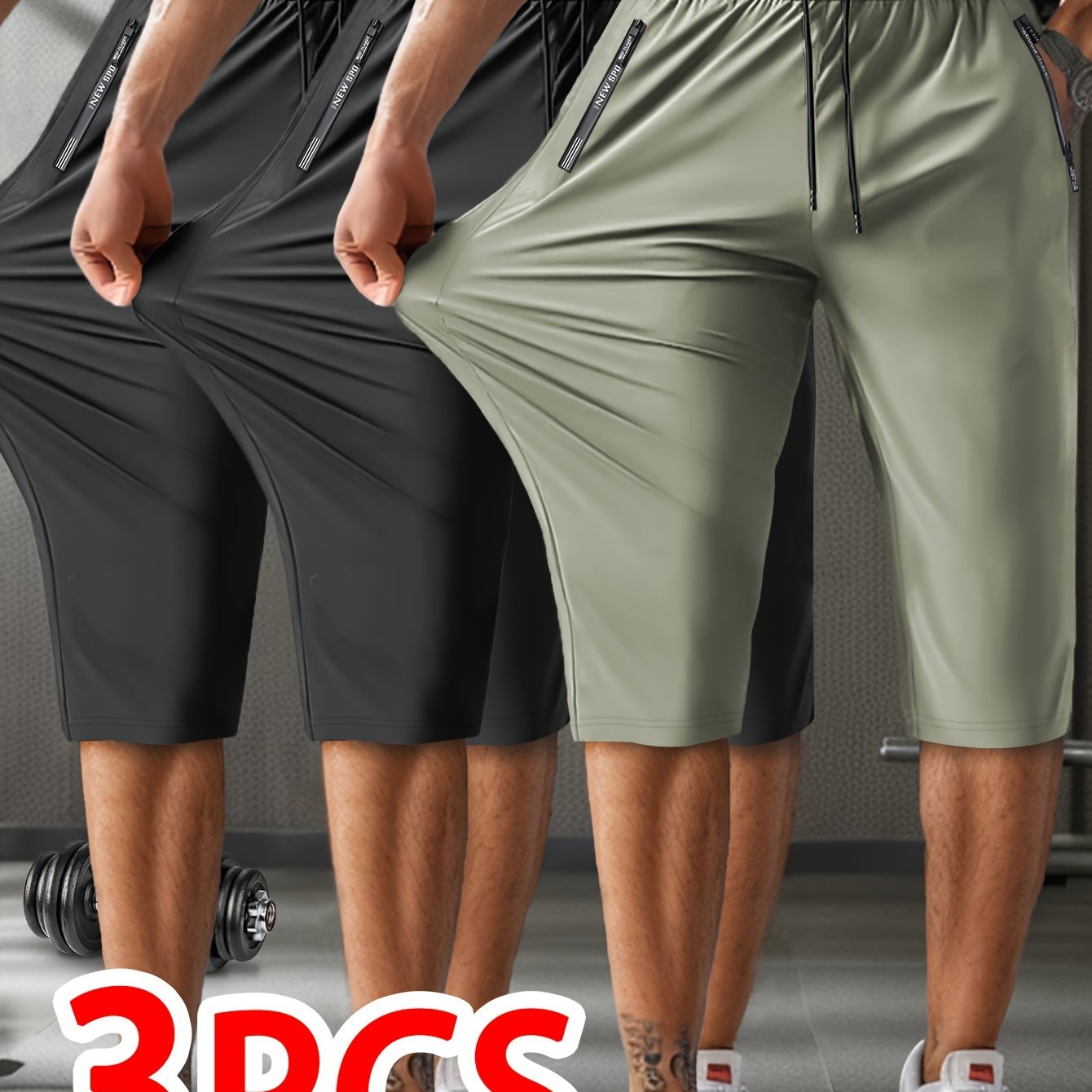 3 Summer Breathable High-Elastic Drawstring Zip Pocket Men's Sports Capri Pants