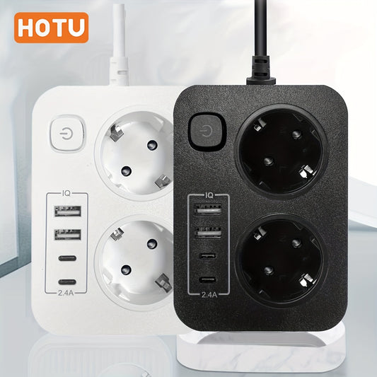 HOTU EU Plug Power Strip with 2 Outlets, Total Control Switch, 198.12cm Cord, Dual USB & Type-C Ports - Perfect for Home Entertainment.