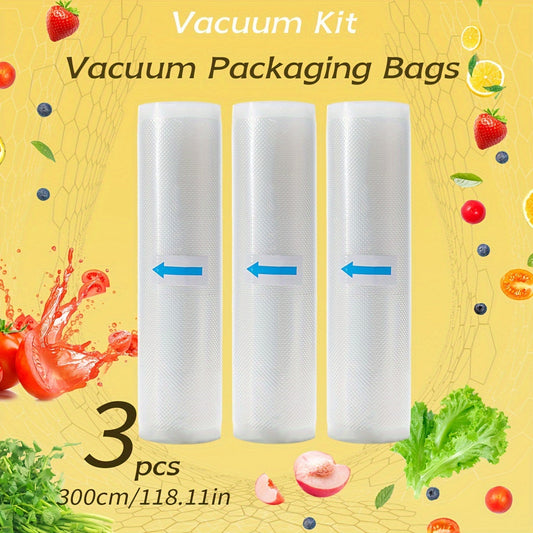 3 rolls of 3m food vacuum sealed bag rolls, bisphenol A-free, seven-layer co-extruded diamond pattern vacuum film bags for food preservation and packaging.