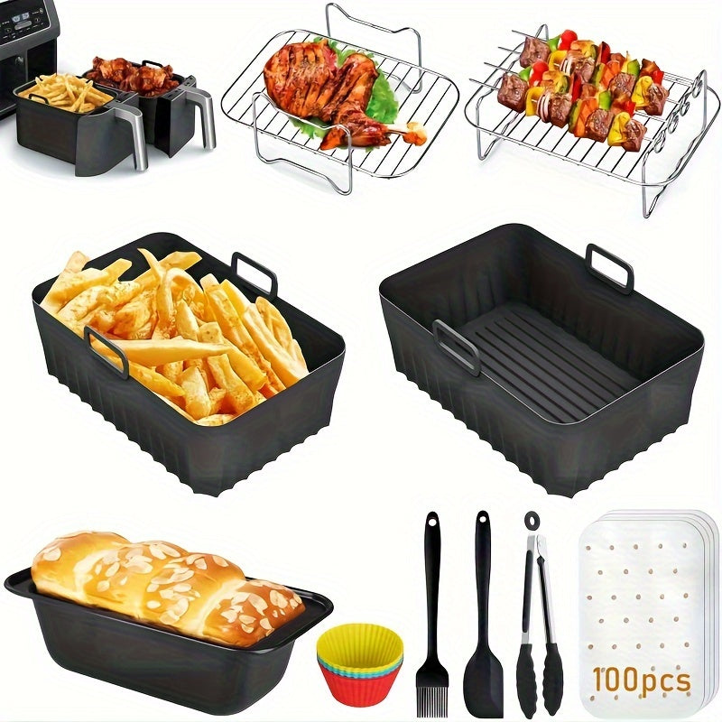 Air Fryer Accessory Kit containing 10 pieces, designed to be compatible with Ninja AF300UK, AF400UK, and AF451UK models as well as Tower T17088, Salter, and Cookwise air fryers. This kit includes a stainless steel rack, silicone liner, carbon steel bread