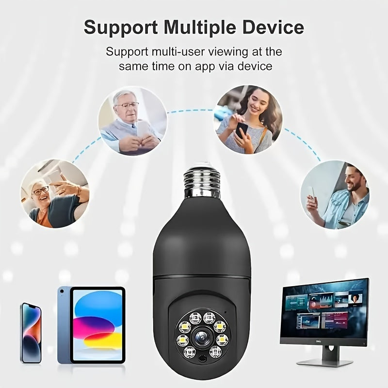 The YIIYRY 1080P WiFi Security Camera features a rotatable lens with 355° horizontal and 90° vertical coverage, as well as night vision capabilities. It is powered by USB and is compatible with a multi-user app. Made of plastic material, this camera has