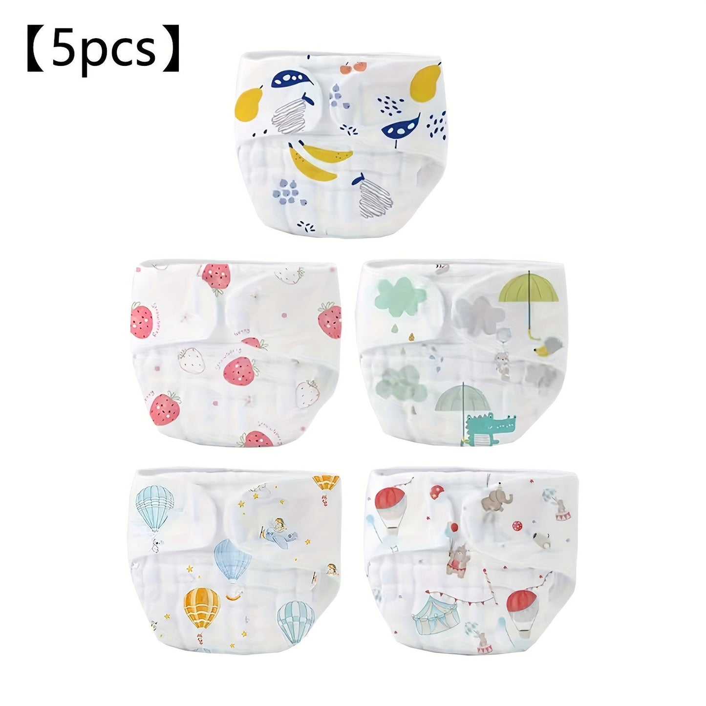 Soft and reusable training diapers with adorable cartoon prints, perfect for youngsters aged 0-6 years. These washable cloth potty pants make a great holiday gift for Christmas, Halloween, and New Year. Get 5 pieces in this set.