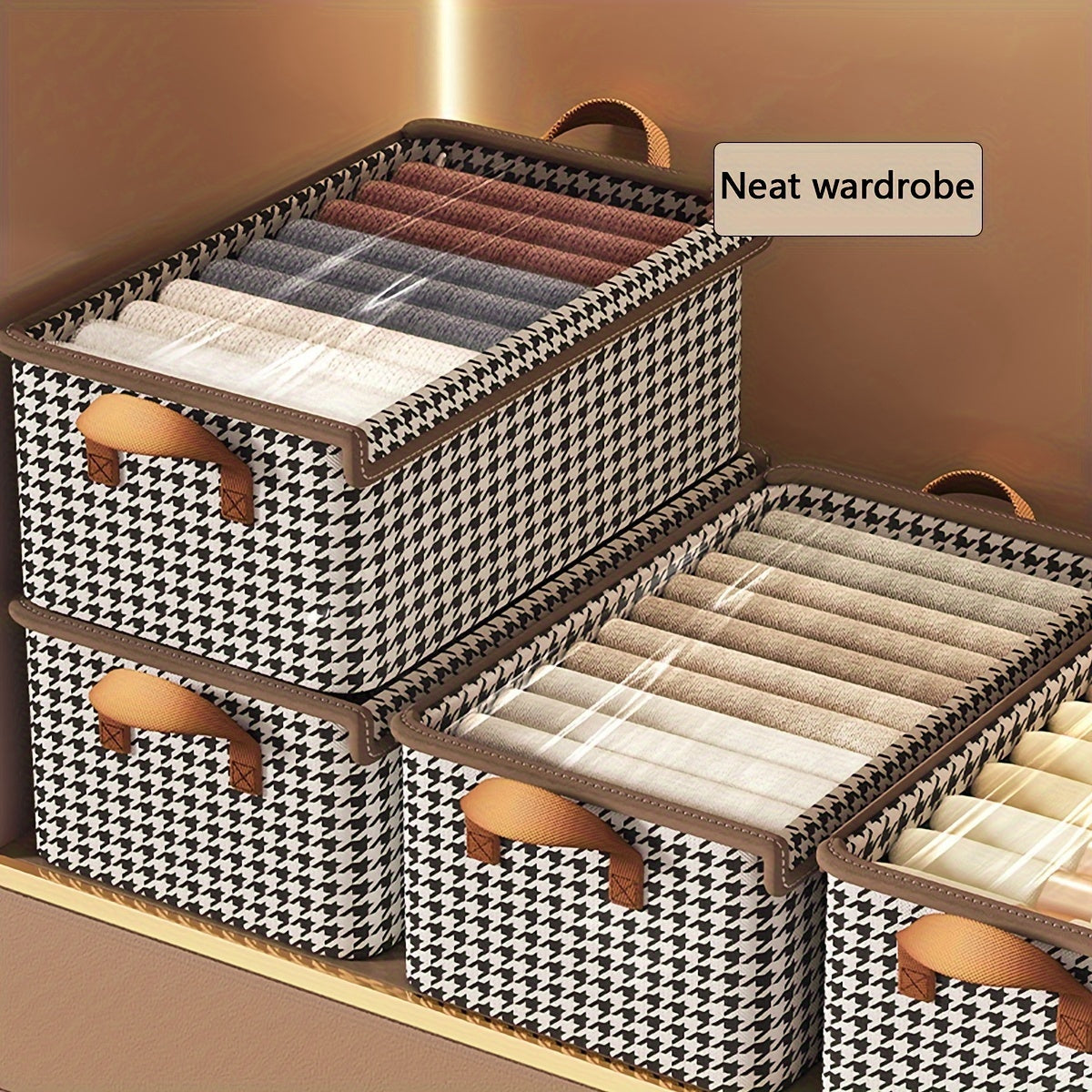 Boho Style Polyester Blend Storage Box with Flip Top Lid, Rectangle foldable wardrobe organizer for clothes and socks. This multipurpose non-waterproof closet organization basket features a stylish houndstooth pattern and foldable design. Perfect for