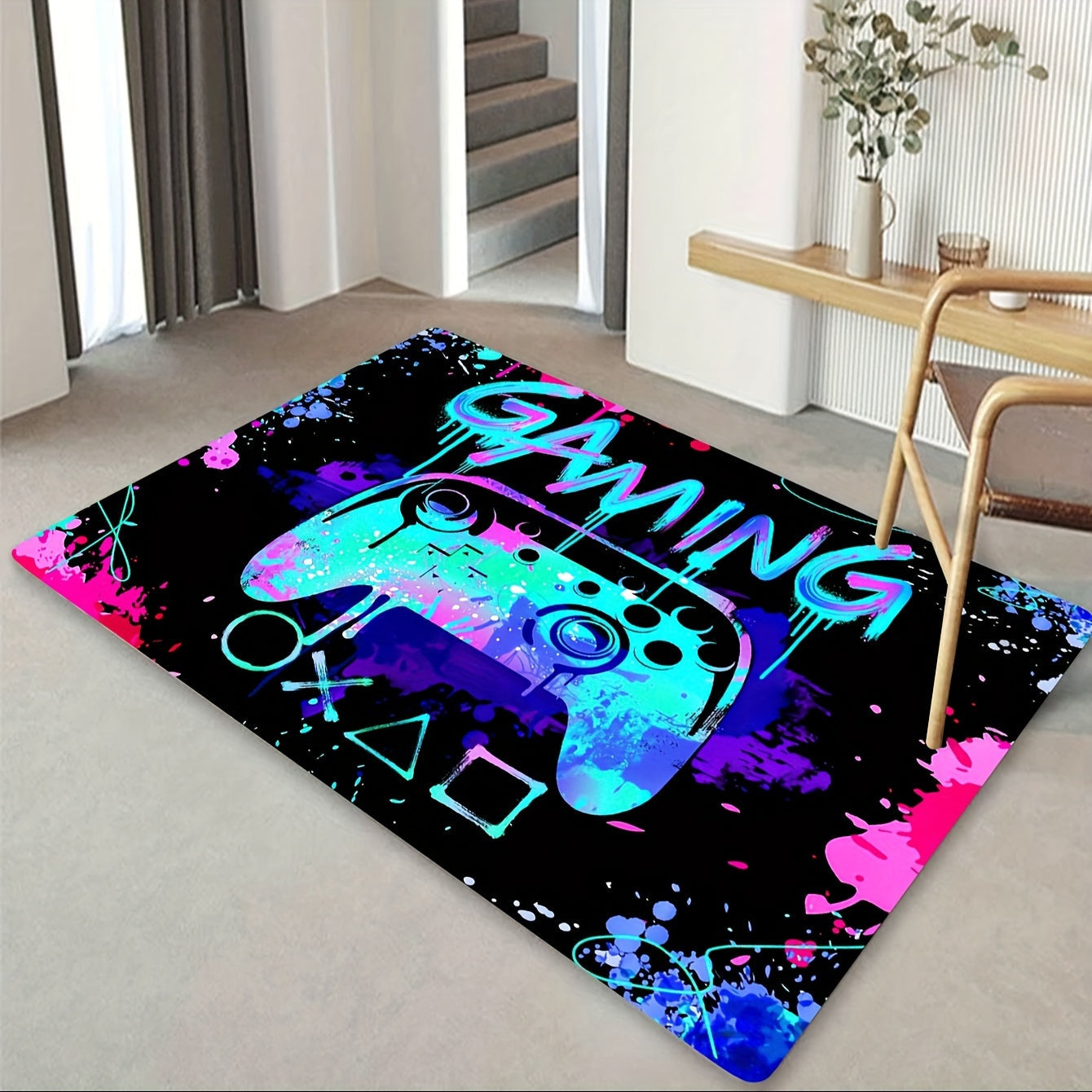 1 piece, 3D Gaming Area Rug made of soft flannel material perfect for your living room, bedroom, or carpet. This machine-washable rug is great for gamers and features a decorative design of a controller.