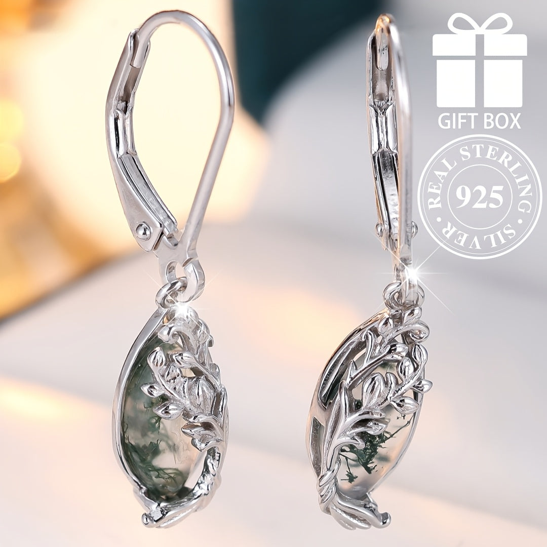 Vintage-inspired water drop shaped water grass agate earrings for women, made with 2.8g of pure s925 silver. Comes in a luxurious gift box.