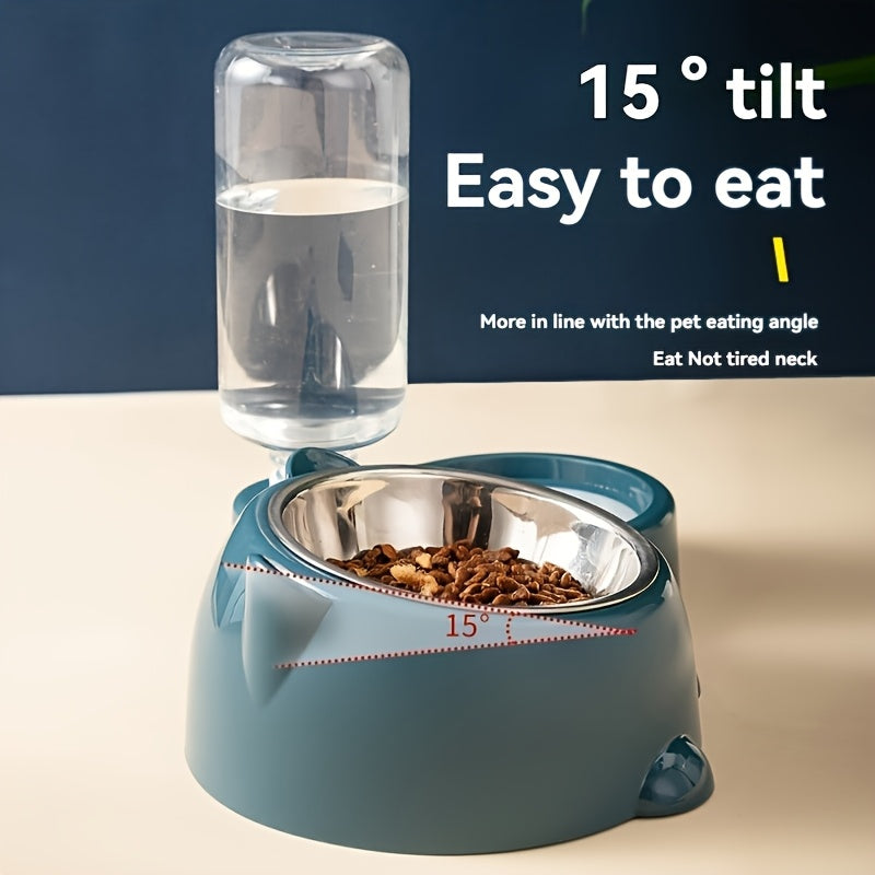 Automatic pet feeder and water dispenser for cats and small dogs, made of stainless steel and plastic, with anti-slip design, no battery or power required.