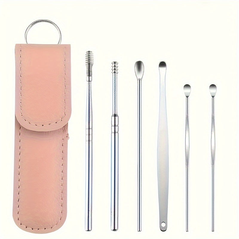 Ear Care Kit with 6 stainless steel ear spoons and storage case for daily cleaning at home or outdoors, no battery needed.