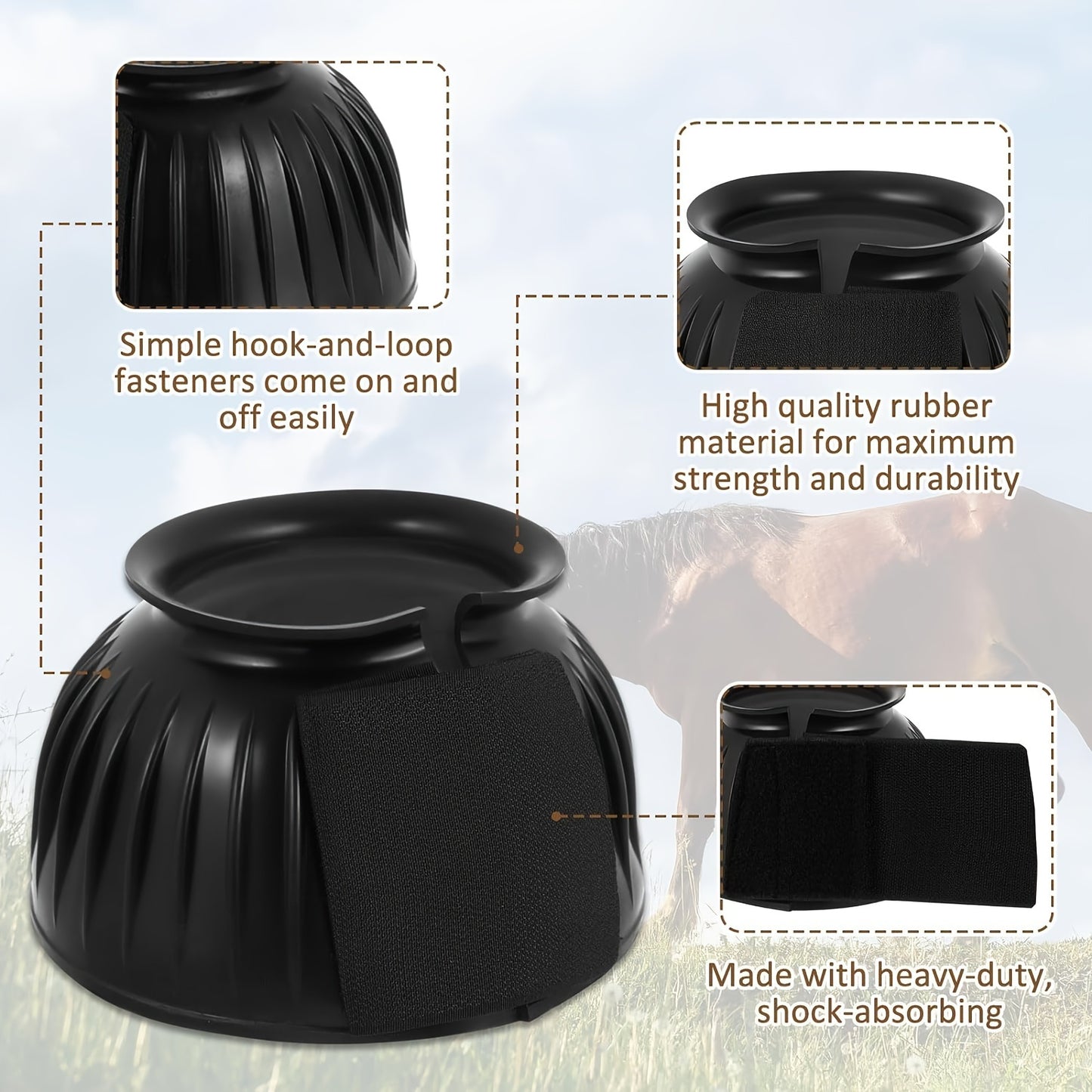 Rubber bell boots provide comfort and protection for horses, with anti-impact and friction features. Easy hook and loop design for quick installation.