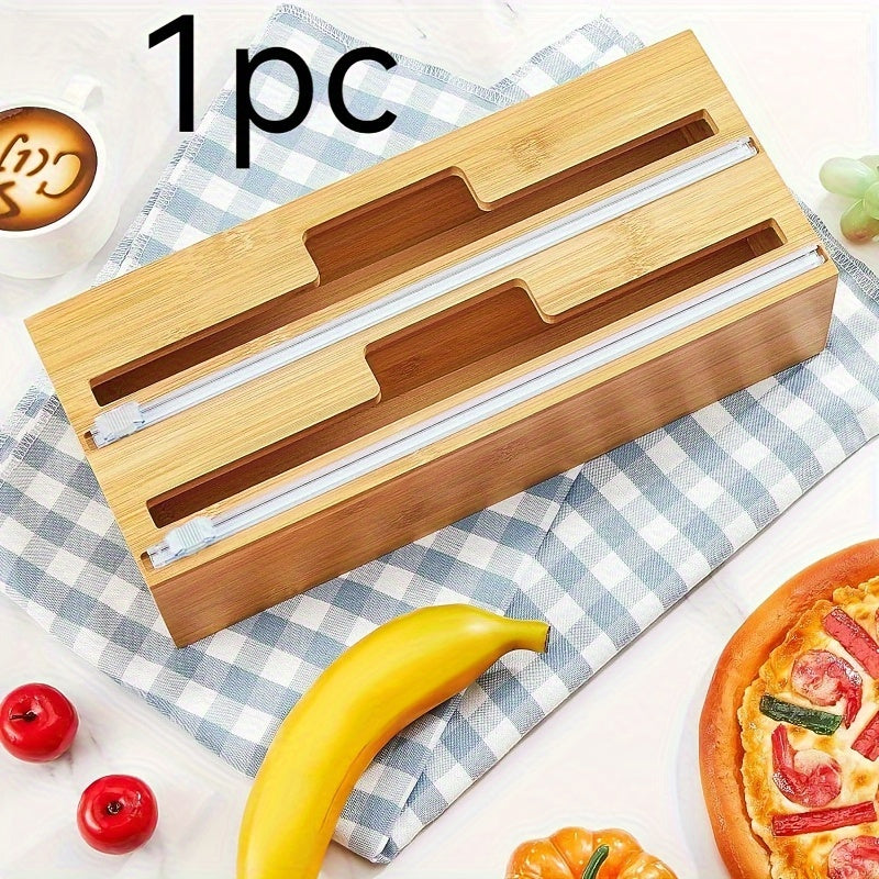 Durable food grade PE material self-adhesive plastic food storage bag sealer with an easy slide cutter for plastic wrap, foil, and parchment paper rolls. Ideal kitchen organizer for food packaging, suitable for all safe boxes.