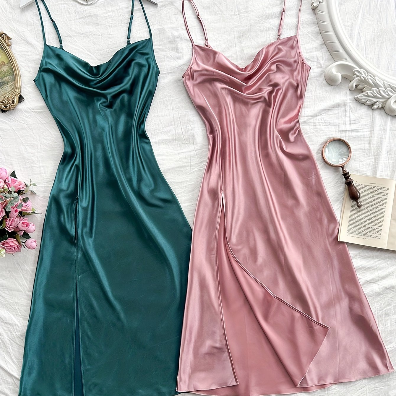 Woman's elegant satin turtleneck sleep dress with backless split, comfortable nightgown.