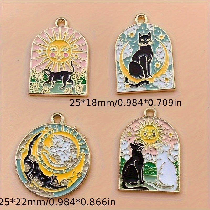 Set of 8 Sun & Moon Cat Charms - Enamel Pendants with Gold Plating for Making DIY Jewelry, Necklaces, and Earrings