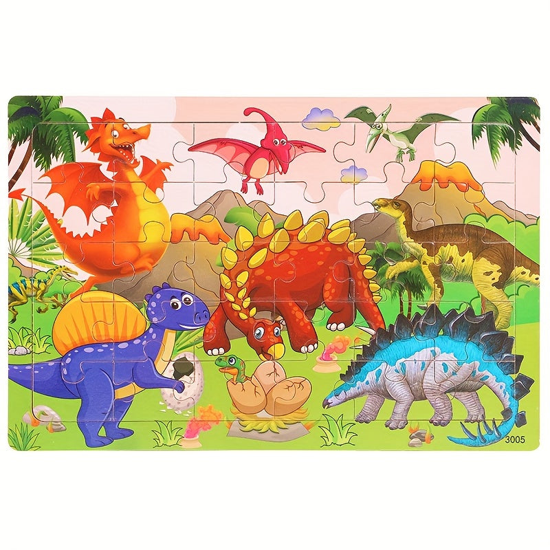 30-piece wooden puzzles featuring animals, dinosaurs, and cartoons for children to enhance their hands-on skills and kindergarten education.