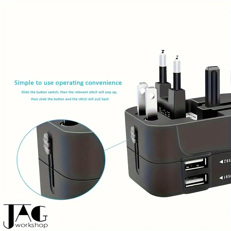 Travel adapter with 1pc compliance certification for US/EU/UK/AU plugs, covering over 150 countries. Suitable for iPhone, Samsung, Xiaomi, Android, iPad, and more. Ideal holiday gift.