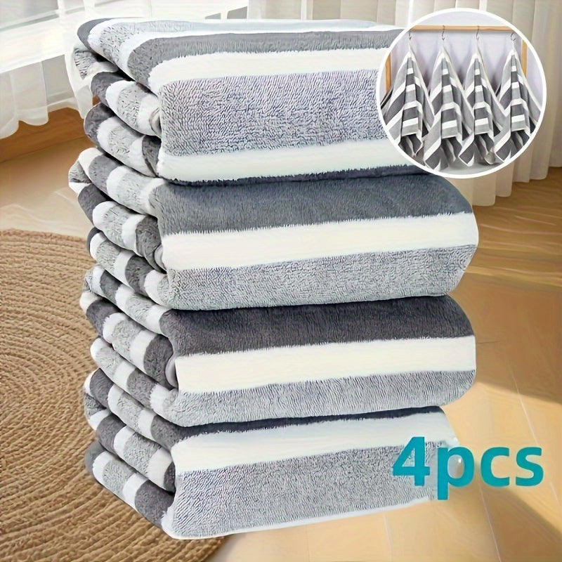 LDQ 4 Ultra-Soft Coral Fleece Towels - Quick Dry, Striped Hand & Face Towels, 34.8x74.93 cm