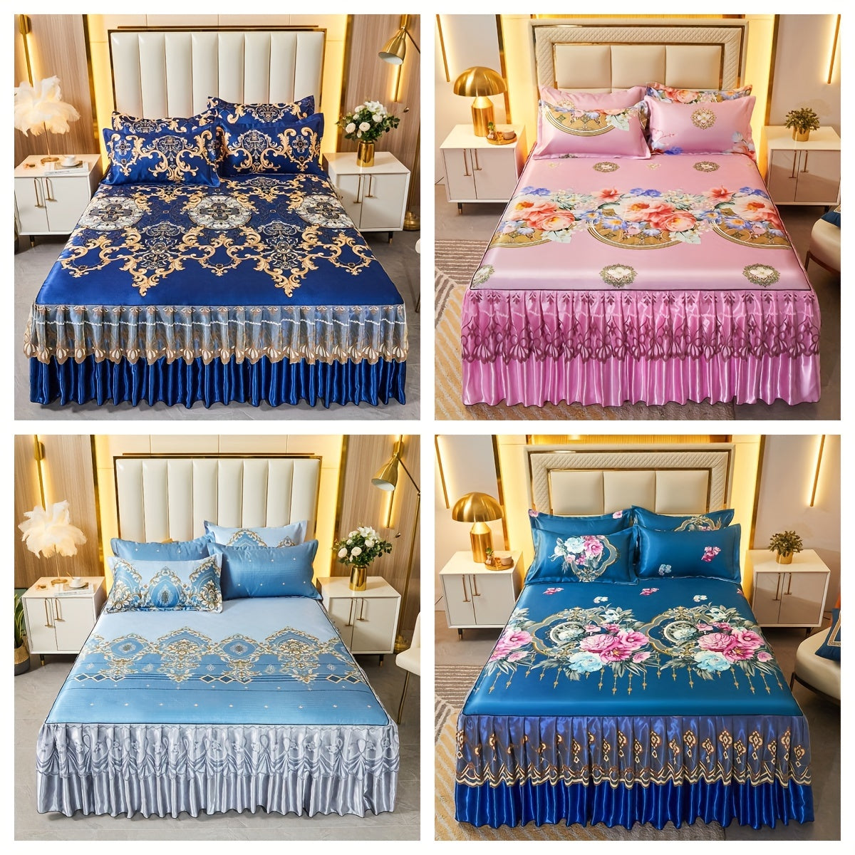 Jacquard Bed Skirt Set with Pillowcases, featuring a charming Lace Hem and Floral Pattern. Made of Soft and Comfortable 100% Polyester, this set is machine washable for easy care. Available in Contemporary Style with a Woven Fabric design, weighing 120g.