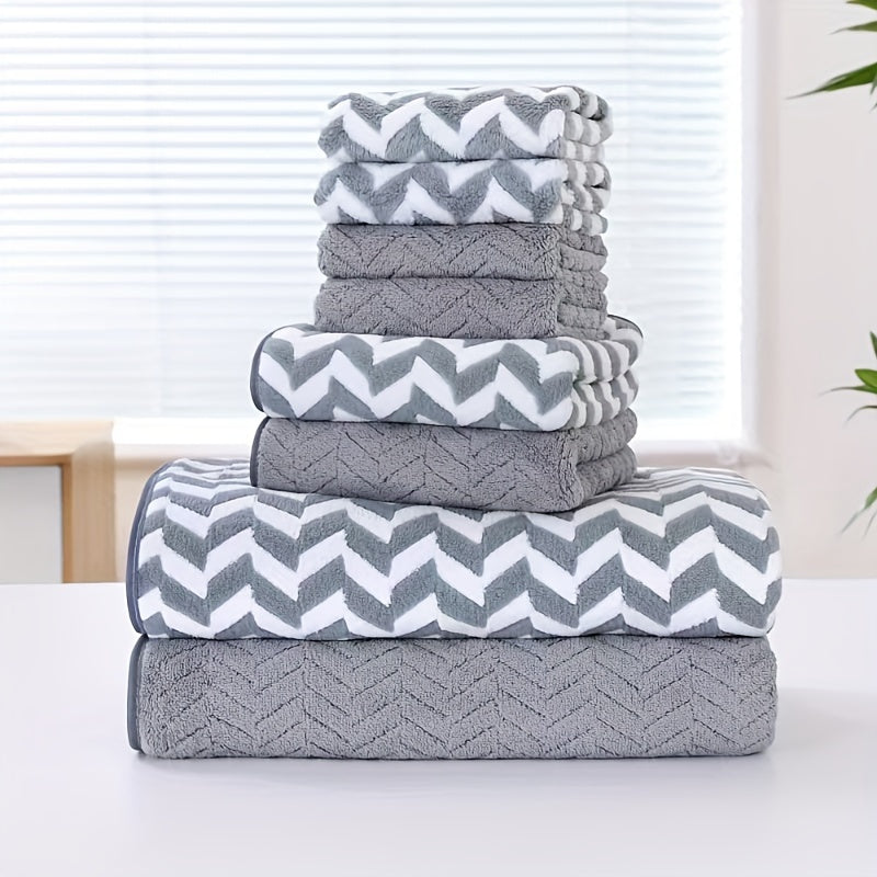 8-piece Chevron Stripe Towel Set for quick-drying absorbency in bathroom, Home, Hotel, and Spa. Includes 2 Bath Towels, 2 Hand Towels, and 4 Washcloths made of 280gsm Polyester.