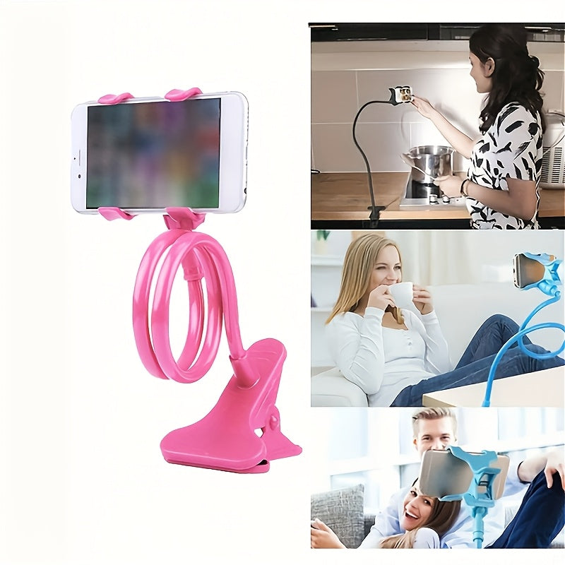 Adjustable gooseneck phone holder with claw clip - flexible stand for smartphone, 360° swivel mount for desk or wall, 63.5cm.