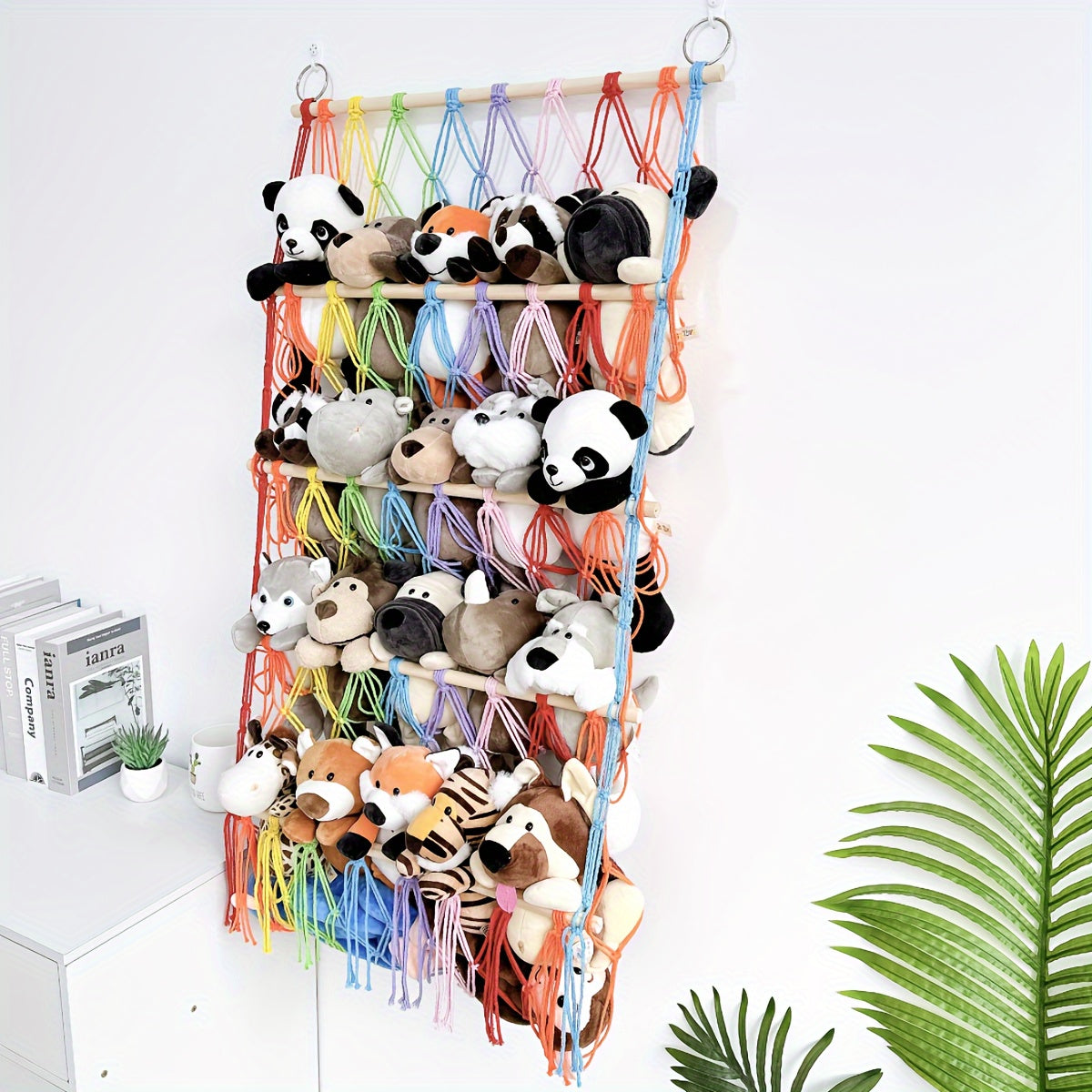 Plush animal storage solutions: net, rack, and hammock for hanging and organizing plush animals.