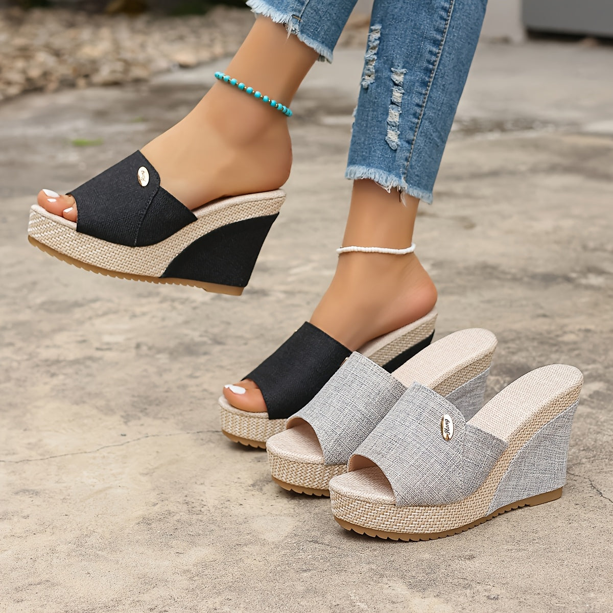 Women's fabric wedge slides with solid color, open toe, high platform heel sandals. Rubber sole and man-made inner material. Summer fashion.