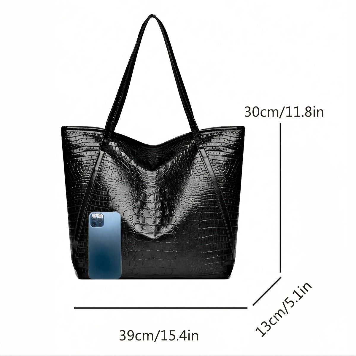 Women's stylish black tote bag with crocodile print, large capacity, and scratch-resistant material. Ideal for shopping, dates, parties, and commuting.