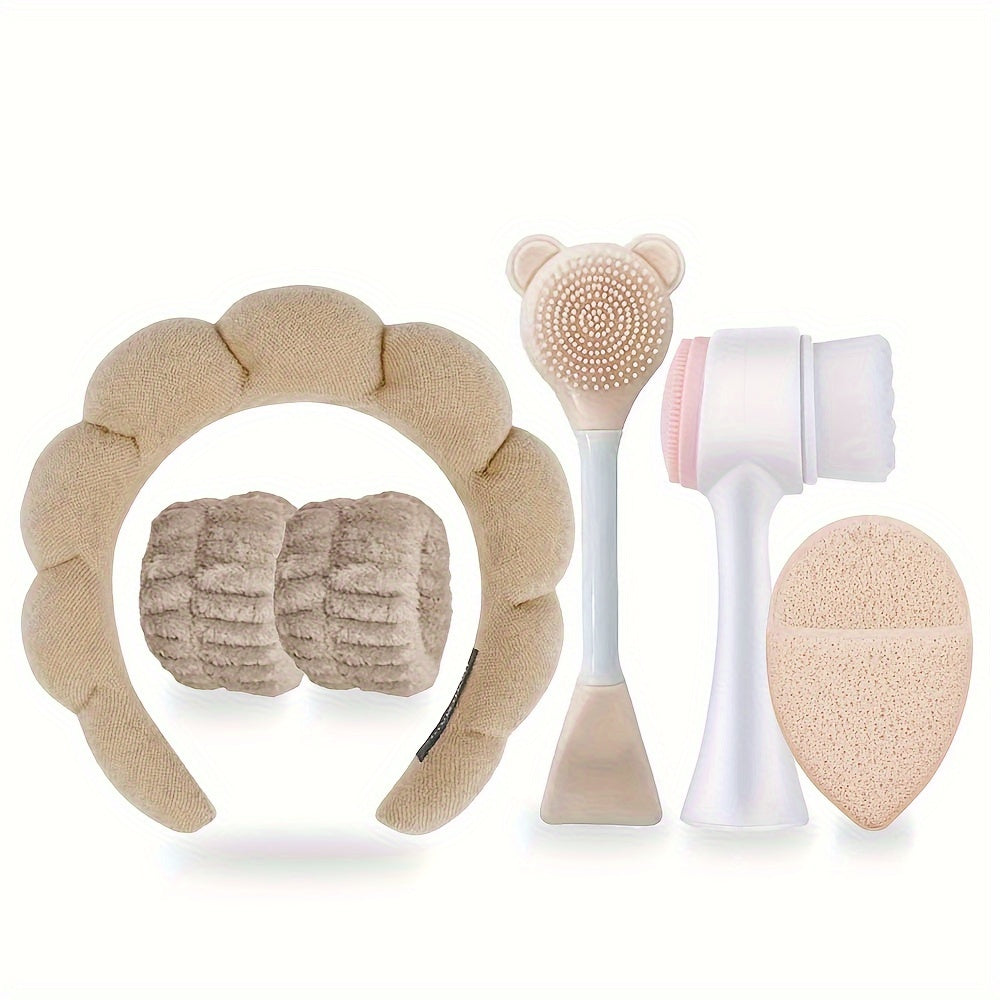 6-piece hypoallergenic silicone facial care set includes deep cleansing spa mask brush kit, soft plush headband, gentle exfoliating scrubbers, and portable skincare tools. Ideal gift for