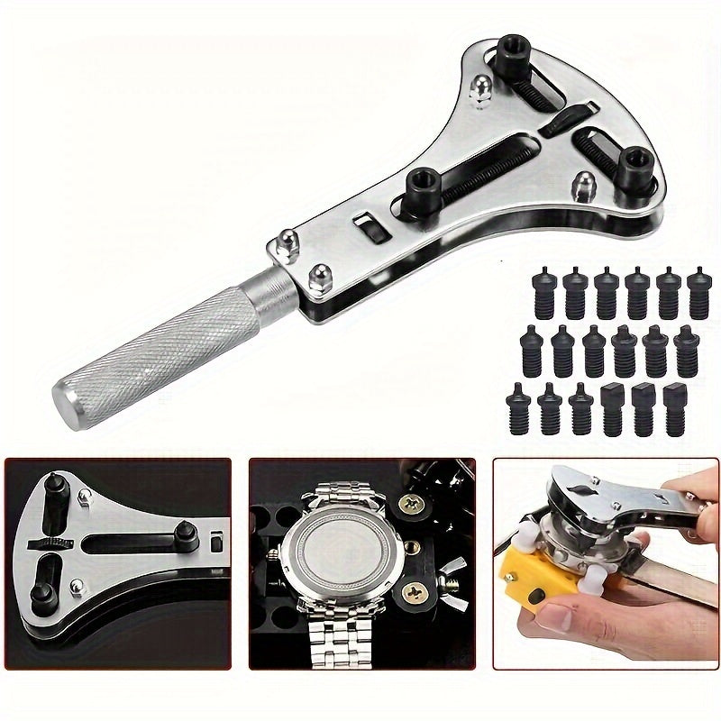 Professional Watch Repair Tool Kit, including a Watch Cover Wrench Opener, 3-point Wrench Screwdriver Box Disassembly Tool, and an 18-bit Adjustable Watch Back Cover Opener. This Waterproof tool is perfect for Watch Battery Replacement and other Watch