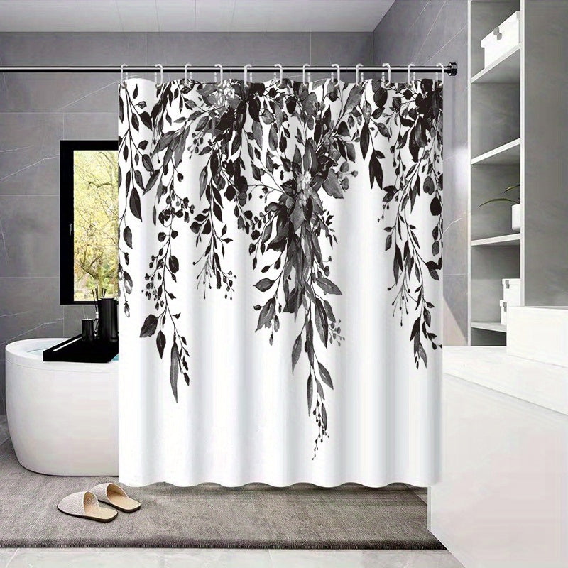 Waterproof black and white floral shower curtain made of soft and durable fabric for bathroom decor and window treatment