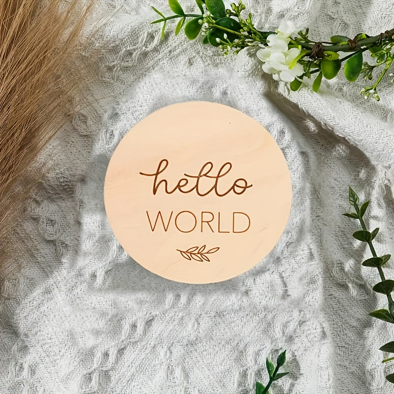 Celebrate baby's first year with the Yuebaaf 7-piece Reversible Wooden Milestone Cards Set! This set includes milestone cards featuring 'Hello World' and Announcement signs, perfect for monthly photo props. Made from durable fiberboard discs, these cards