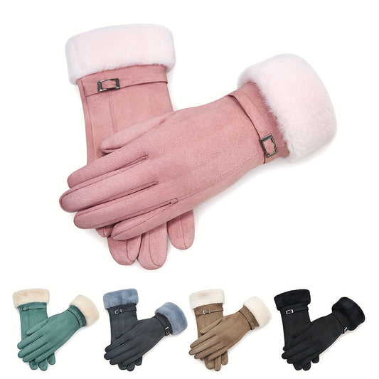 Winter gloves for women that are touchscreen-compatible, made of warm suede with plush lining, featuring an elastic fit and available in multiple colors.