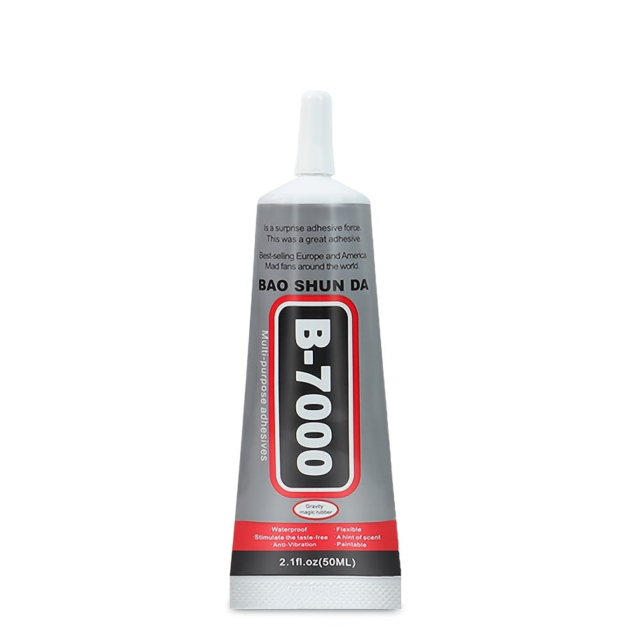 B-7000 is a versatile semi-fluid adhesive with strong bonding properties, suitable for jewelry making, gemstone setting, DIY repairs, and works well on materials like plastic, metal, glass