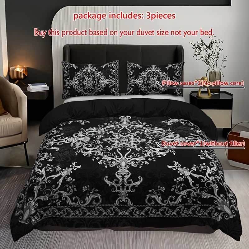 3-piece duvet cover set with pillowcases, breathable polyester, digital print black and white damask pattern, machine washable, no duvet insert, 90g fabric weight