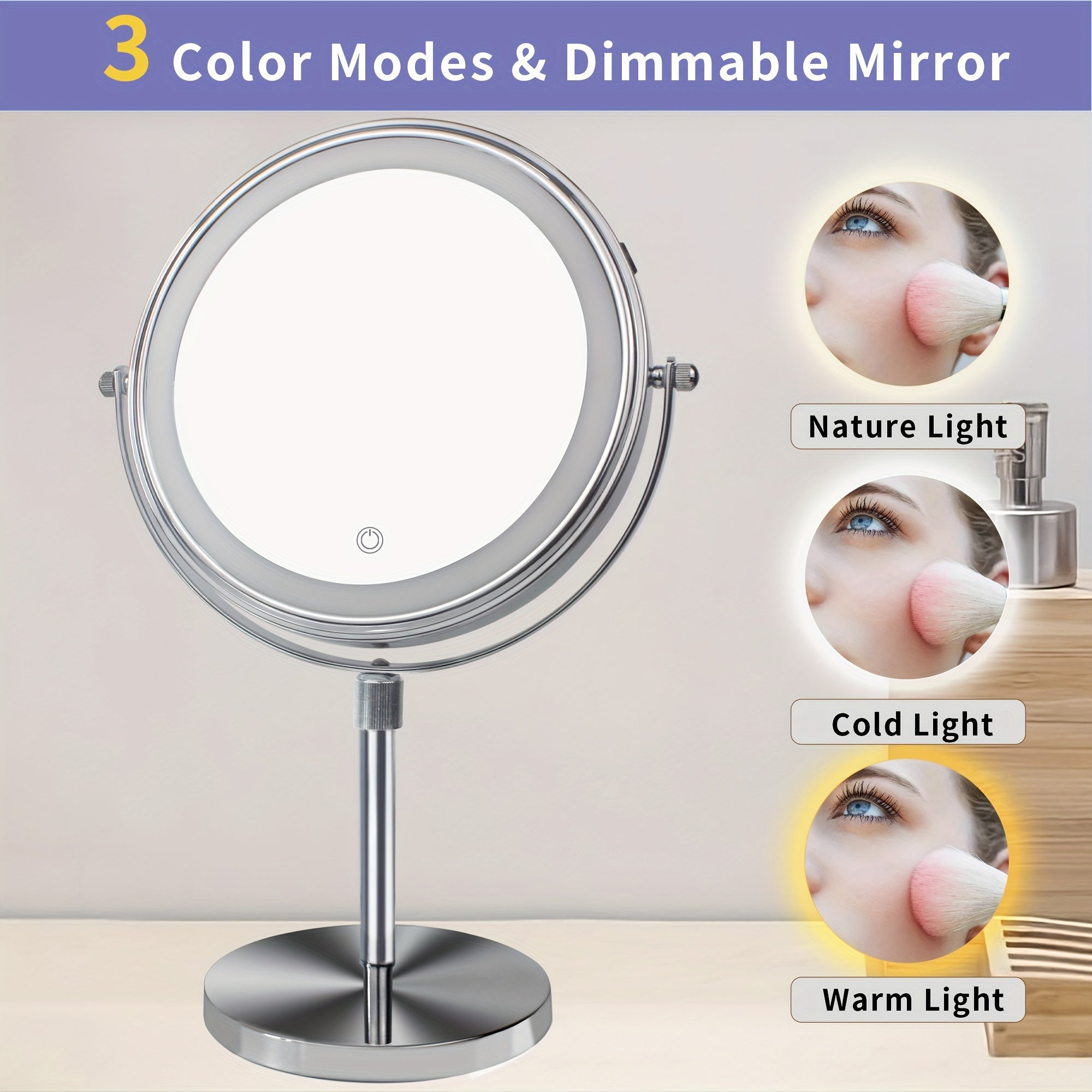 20.32cm Lighted Makeup Mirror with Magnification, 3 Light Colors, Adjustable Brightness & Height, 360° Rotation, 10X Magnifying Mirror with Light, LED Vanity Mirror for Women - Chrome