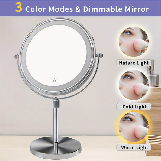 20.32cm Lighted Makeup Mirror with Magnification, 3 Light Colors, Adjustable Brightness & Height, 360° Rotation, 10X Magnifying Mirror with Light, LED Vanity Mirror for Women - Chrome