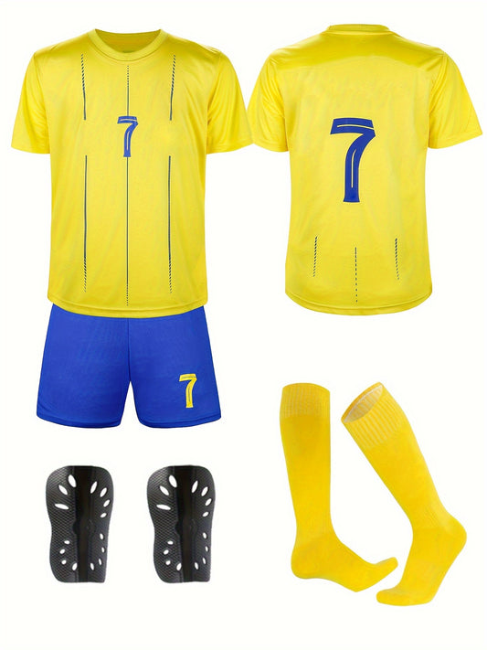 Football kit set comes with 4 pieces including jersey, shorts, socks, and protective gear.