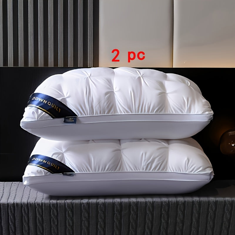 Luxury hotel quality pillows in a 2-pack with neck support. Hypoallergenic, machine washable, soft polyester fill. Deep sleep and comfort, classic style. Zippered, woven fabric. Suitable