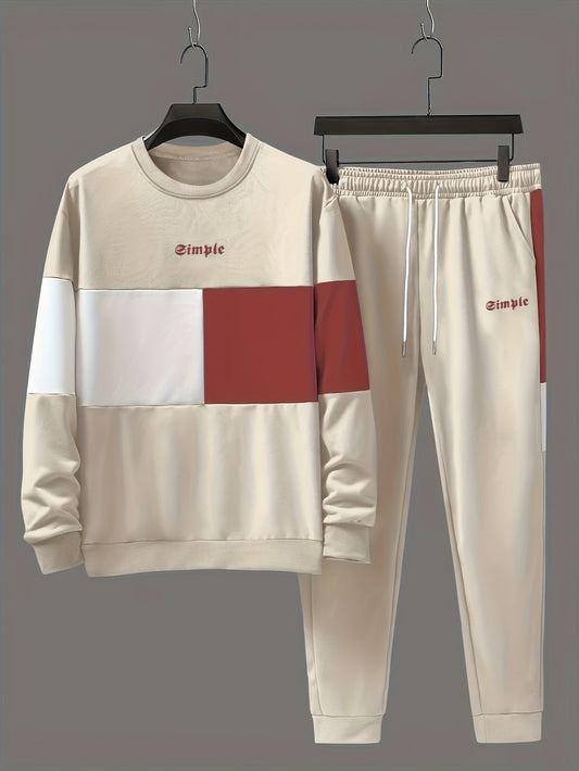 Men's casual crew neck sweatshirt and joggers set. Color block design in polyester blend, machine washable. Ideal for spring and fall, leisure style.