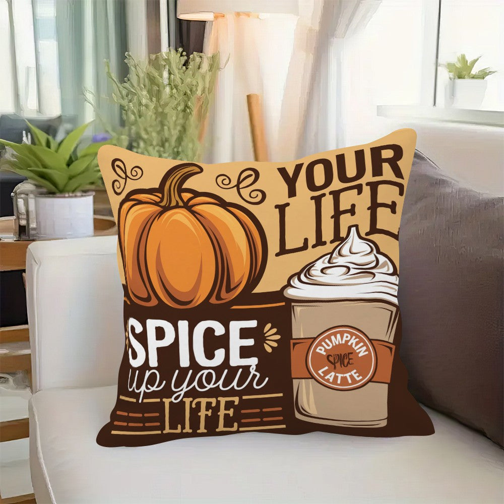 Autumn Pumpkin & Latte Design Pillow Cover - 1pc, Single-Sided Print, Made of Durable Polyester Fiber, Festive Home Decor for Sofa & Living Room, Size: 45.72x45.72 cm